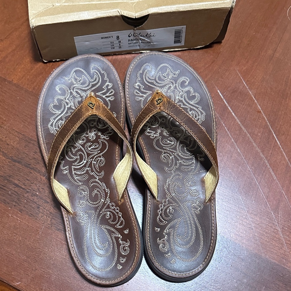 Olukai Paniolo Brown Embroidered Flip Flop Sandals
